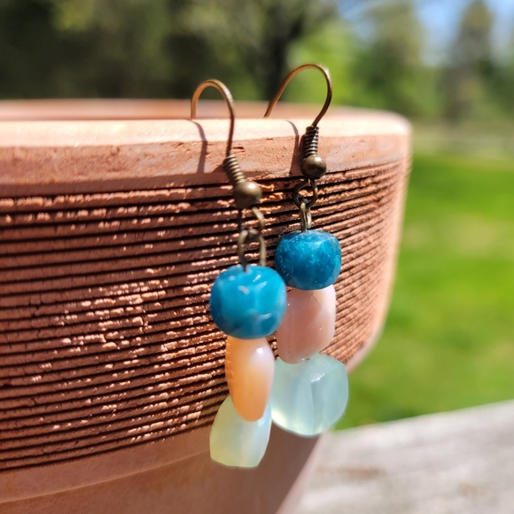 Apatite, Rose Quartz, Aqua Chalcedony Bronze Tone Dangle Earrings - Picture 2 of 7